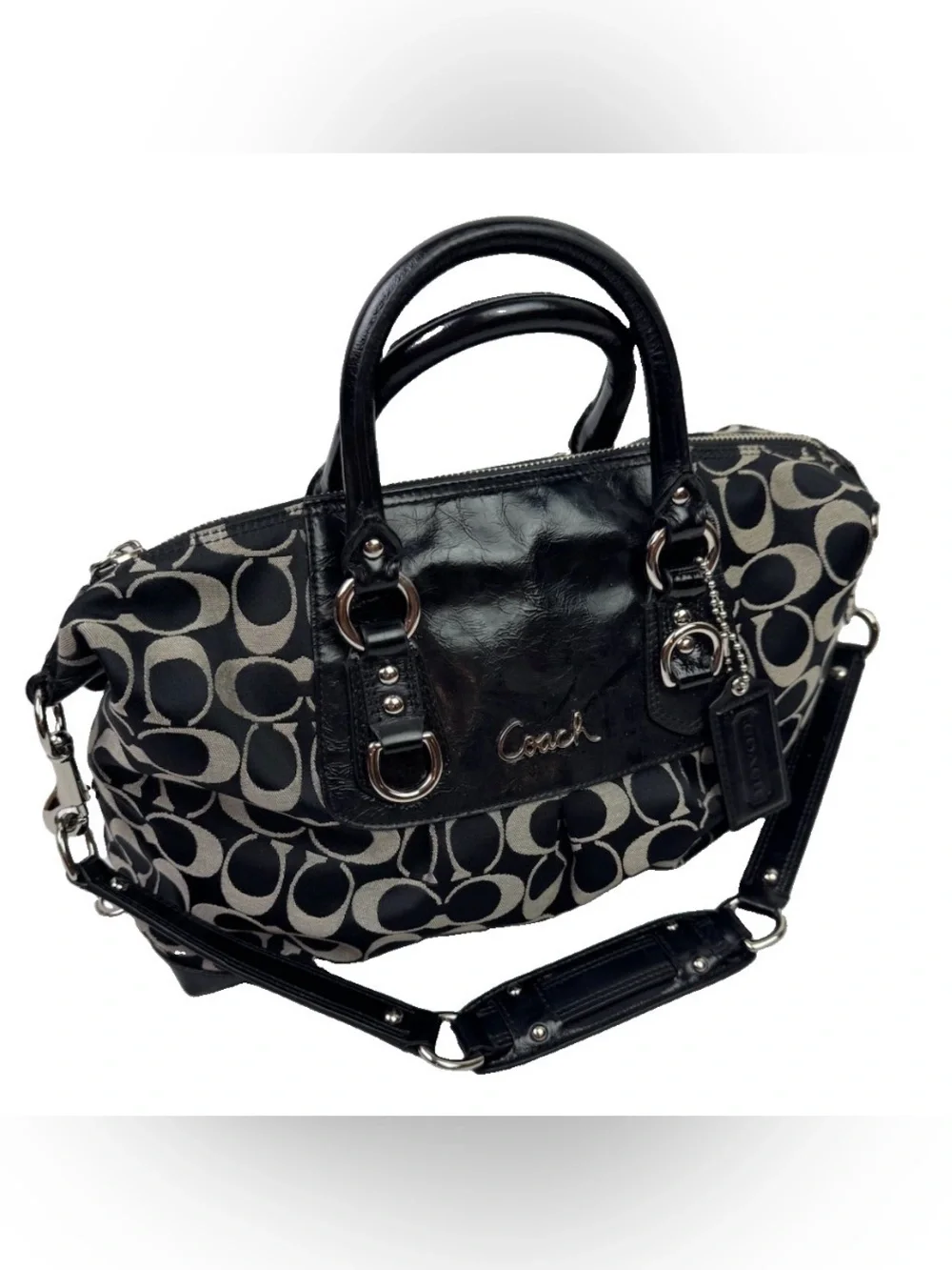 Coach F15443 Black Signature C Sateen Patent Leather Satchel Shoulder Handbag Ba